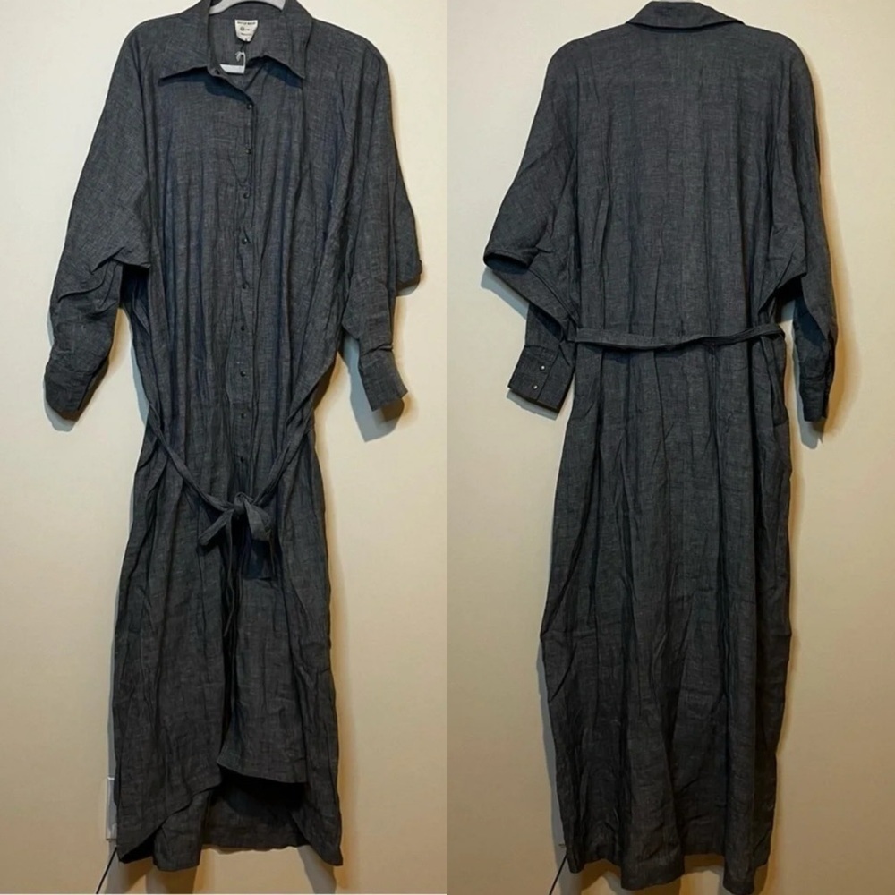 NWT BILLY REID 100% Linen Lagenlook Minimalist Belted Buttondown Shirt Dress